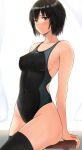 1girl amagami black_hair black_swimsuit black_thighhighs breasts brown_eyes competition_swimsuit covered_navel cowboy_shot highres looking_at_viewer medium_breasts multicolored_clothes multicolored_swimsuit nanasaki_ai one-piece_swimsuit short_hair sitting solo swimsuit thighhighs white_background yoo_tenchi 
