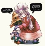  1boy 1other black_mage_(final_fantasy) blue_coat boots brown_boots chef_hat closed_eyes coat english_commentary english_text final_fantasy final_fantasy_ix freesiavacadoo full_body hat height_difference highres hug leaning_on_person leaning_to_the_side long_sleeves quina_quen simple_background speech_bubble standing tears tongue tongue_out vivi_ornitier white_hat wizard_hat 