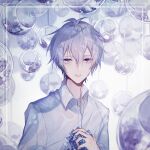  1boy 982466932 ahoge bishounen crying crying_with_eyes_open idolish_7 looking_at_viewer male_focus osaka_sougo purple_eyes shirt short_hair solo sparkle tears upper_body wet wet_clothes white_hair white_shirt 