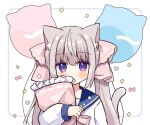  1girl animal_ear_fluff animal_ears balloon bangs blue_sailor_collar blush bow cat_ears cat_girl cat_tail commentary_request confetti covered_mouth dress frilled_pillow frills grey_background grey_hair hair_between_eyes hair_ribbon heart long_hair long_sleeves nakkar object_hug original pillow pillow_hug pink_bow pink_ribbon puffy_long_sleeves puffy_sleeves purple_eyes ribbon sailor_collar sleeves_past_wrists solo tail tail_raised twintails twitter_username two-tone_background upper_body very_long_hair white_background white_dress 
