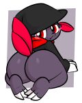  ambiguous_gender anthro big_butt black_pupils blush butt claws clothing ekkokenight feathers grey_body hat headgear headwear hi_res huge_butt kneeling looking_at_viewer looking_back nintendo pok&eacute;mon pok&eacute;mon_(species) pupils red_eyes shirt solo topwear video_games weavile 