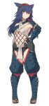  1girl animal_ears armor blue_hair bodysuit breasts fishnet_bodysuit fishnets hand_on_hip medium_breasts monster_hunter_(series) nargacuga_(armor) red_eyes revealing_clothes shiseki_hirame simple_background solo underboob white_background 