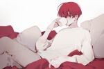  1boy bangs bowl_cut covered_mouth cup drinking feet_out_of_frame hair_over_eyes hand_up holding holding_cup knee_up long_sleeves looking_at_viewer male_focus original pants pillow reclining red_hair shirt short_hair sketch solo uhui white_background white_shirt 