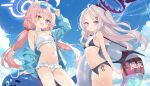  2girls absurdres ahoge aruka_(alka_p1) bare_shoulders bikini black_bikini blue-tinted_eyewear blue_archive blue_eyes blue_jacket blue_sky breasts day eyewear_on_head floating_hair frilled_bikini frills groin hair_bobbles hair_ornament halo heterochromia highres hina_(blue_archive) hoshino_(blue_archive) hoshino_(swimsuit)_(blue_archive) inflatable_toy inflatable_whale innertube jacket long_hair looking_at_viewer low_twintails multiple_girls navel official_alternate_costume open_mouth outdoors pink_hair side-tie_bikini_bottom sky small_breasts smile standing stomach summer sunglasses swim_ring swimsuit tinted_eyewear twintails white-framed_eyewear white_bikini 