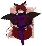  animal_humanoid anthro black_body black_eyes black_feathers black_wings brown_body brown_fur brown_hair brown_tail clothed clothing digital_media_(artwork) feathers female fox_ears freckles fur hair humanoid legwear long_hair mammal mammal_humanoid open_mouth purple_clothing purple_legwear purple_stockings shriekingmagpie simple_background solo stockings tail_tuft tuft white_body white_fur wings 