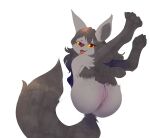  2022 absurd_res anthro b-epon black_body black_fur butt digital_media_(artwork) female fur genitals grey_body grey_fur hi_res mightyena nintendo nude open_mouth open_smile pok&eacute;mon pok&eacute;mon_(species) pussy simple_background smile solo tongue tongue_out video_games white_background 