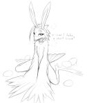  anthro avian bird blush bodily_fluids dialogue egg eyelashes fake_ears fake_rabbit_ears feathers female hair looking_at_viewer lyra_(w4g4) monochrome nude potoo simple_background sketch solo steam sweat tail_feathers w4g4 