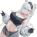  1girl animal_ears arknights aurora_(arknights) bare_shoulders bear_ears black_gloves black_shirt blue_eyes breasts cleavage closed_mouth coat collarbone crop_top dutch_angle eyes_visible_through_hair gloves gnai grey_shorts hair_over_one_eye hairband highres large_breasts long_hair long_sleeves looking_at_viewer midriff navel off_shoulder open_clothes open_coat puffy_sleeves shirt short_shorts shorts simple_background sleeveless sleeveless_shirt smile solo stomach tank_top white_background white_coat white_hair 