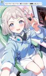  1girl absurdres blue_eyes blue_jacket blue_ribbon blush chair commentary_request controller crouching_start from_above gakuen_idolmaster game_controller gaming_chair grey_hair hair_ribbon headphones headphones_around_neck highres idolmaster indoors jacket katsuragi_lilja long_sleeves looking_at_viewer loose_socks monitor multiple_monitors on_chair open_mouth ribbon selfie short_hair shorts sitting smile socks solo swivel_chair track_jacket translation_request v v-shaped_eyebrows white_shorts white_socks 