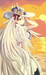  1girl arms_behind_head arms_up bare_arms beach bird black_dress blush breasts capelet crossed_bangs day dress fate/grand_order fate_(series) flower full_body hair_ribbon hands_in_own_hair hat hat_flower highres horns iro_(sekaixiro) large_hat long_hair long_horns looking_at_viewer medium_breasts ocean olga_marie_animusphere orange_eyes orange_sky outdoors ribbon seagull see-through_capelet see-through_clothes see-through_shrug shore short_sleeves sky smile solo standing sun_hat sunset two-tone_dress u-olga_marie u-olga_marie_(first_ascension) very_long_hair white_capelet white_dress white_hair white_hat wide_brim 
