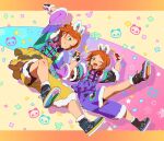  2boys 2wink_(ensemble_stars!) aoi_hinata aoi_yuta bike_shorts black_gloves black_shorts brothers clothing_request ensemble_stars! fingerless_gloves frills full_body fuurin_(sior_fr) gloves green_eyes headphones headphones_around_neck highres holding_hands letterboxed looking_at_another male_focus multiple_boys one_eye_closed orange_hair parted_bangs rabbit_ear_headwear short_hair short_shorts shorts siblings smile three-quarter_sleeves twins 