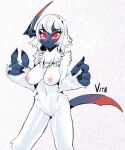  absol akitokit anthro blush breasts claws female fur genitals glowing glowing_eyes hi_res nintendo nipples nude pok&eacute;mon pok&eacute;mon_(species) pussy red_eyes simple_background solo thick_thighs video_games white_body white_fur wide_hips 