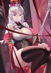  1girl absurdres algerie_(azur_lane) algerie_(red_queen&#039;s_decree)_(azur_lane) azur_lane blush breasts drill_hair flower fur_trim gloves highres large_breasts leotard long_hair looking_at_viewer mole mole_under_eye off_shoulder official_alternate_costume purple_eyes scepter sitting smile solo thick_thighs thighs throne tnr_(horiko1525) 