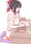  1girl absurdres barefoot black_hair bow breasts choker cleavage frills from_side hair_bow hair_tubes hakurei_reimu highres large_breasts no_panties no_pants non_(z-art) pencil plantar_flexion purple_eyes red_bow seiza short_hair sidelocks simple_background sitting solo tank_top thighs touhou white_background writing 