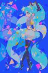  1girl aqua_eyes aqua_hair blue_background blue_theme boots collared_shirt crop_top full_body grey_shirt hair_ornament hatsune_miku high_heels highres long_hair profile reed shirt simple_background skirt sleeveless sleeveless_shirt standing thigh_boots thighhighs triangle twintails very_long_hair vocaloid zettai_ryouiki 
