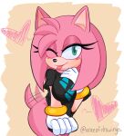  amy_rose anthro black_nose bracelet breasts clothing eyelashes female fur gloves green_eyes handwear hi_res jewelry one_eye_closed pink_body pink_fur sega shirt simple_background solo sonic_the_hedgehog_(series) tail_motion tailwag tongue tongue_out topwear 