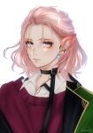  1boy animal_ears belt belt_necktie closed_mouth ear_piercing earrings facing_away fake_animal_ears highres jewelry looking_at_viewer male_focus murakumo_gou piercing pink_hair purple_eyes short_hair solo touken_ranbu wavy_hair white_background zasikirou 