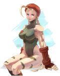  1girl ahoge beret blonde_hair blue_eyes braid breasts cammy_white closed_mouth fingerless_gloves gloves green_leotard hat huge_ahoge leotard long_hair looking_at_viewer osanpogakari simple_background solo street_fighter street_fighter_ii_(series) thong_leotard twin_braids 