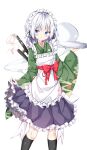  1girl apron black_skirt black_socks blue_eyes closed_mouth clothes_lift frilled_skirt frills ghost green_kimono grey_hair highres holding holding_plate japanese_clothes kimono kneehighs konpaku_youmu konpaku_youmu_(ghost) lifted_by_self looking_at_viewer maid maid_headdress multiple_swords plate sabana short_hair simple_background skirt skirt_lift socks solo standing sword sword_behind_back touhou weapon white_apron white_background 