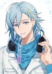  1boy bishounen blue_eyes blue_hair dorandoran hair_between_eyes hair_ornament hairclip headphones headphones_around_neck highres idolish_7 looking_at_viewer male_focus solo upper_body yotsuba_tamaki 