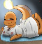  anthro big_breasts big_butt blue_eyes blush blush_lines bottomless breasts butt charmander clothed clothed_breasts clothing eyelashes fangs female fire flame_tail flesh_fang hi_res inside legs_up long_shirt looking_at_viewer lying multicolored_body narrowed_eyes nintendo on_front orange_body orange_skin pok&eacute;mon pok&eacute;mon_(species) pokeball_print raised_tail rug scalie shirt smile smiling_at_viewer solo t-shirt tan_body tan_skin thick_thighs topwear two_tone_body video_games white_clothing white_shirt white_topwear wood_floor word360 