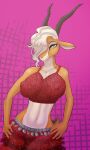 2022 abstract_background antelope antelope_horn anthro big_breasts bovid bovid_horn breasts brown_eyes clothed clothing deanwolfwood disney dress female gazelle gazelle_(zootopia) hair hair_over_eye half-length_portrait hands_on_hips hi_res horn looking_at_viewer mammal midriff multicolored_body navel one_eye_obstructed portrait skimpy skimpy_dress smile solo two_tone_body wide_hips zootopia 