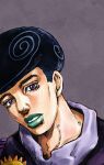  1boy absurdres afro aqua_lips araki_hirohiko_(style) black_hair commentary_request crosshatching gakuran grey_background hatching_(texture) highres jojo_no_kimyou_na_bouken jojolion kaib0y looking_at_viewer makeup male_focus portrait purple_eyes purple_shirt school_uniform shirt solo teeth tooru_(jojolion) traditional_media 