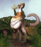  absurd_res beak belly big_belly bird_feet bloated bloating burping cere_(anatomy) cycad dinosaur dung excessive_feces fart fart_cloud fart_fetish feces female hi_res hyper hyper_belly hyper_feces ornithischian reptile scalie scat 