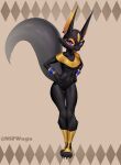  anthro anubian_jackal bandai_namco black_body black_fur breasts canid canine canis clothed clothing ear_piercing female fur genitals hi_res jackal looking_at_viewer mammal markings pac-man_(series) pac-man_party partially_clothed patra piercing purple_eyes pussy signature simple_background small_breasts solo video_games w4g4 
