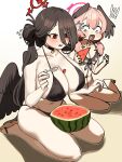  !? 2girls absurdres bikini black_choker black_hair blue_archive blush breasts choker chroong cleavage collarbone commentary feathered_wings floral_print flying_sweatdrops food food_between_breasts front-tie_bikini_top front-tie_top fruit hair_between_eyes hair_bun halo hasumi_(blue_archive) hasumi_(swimsuit)_(blue_archive) head_wings highres holding holding_food holding_spoon huge_breasts koharu_(blue_archive) koharu_(swimsuit)_(blue_archive) low_twintails multiple_girls navel official_alternate_costume official_alternate_hairstyle open_mouth pink_eyes pink_hair pink_halo red_eyes red_halo sandals seiza single_side_bun sitting spoon stomach sweatdrop swimsuit twintails watermelon watermelon_slice wings yokozuwari 