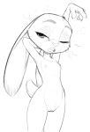  anthro breasts disney female genitals judy_hopps lagomorph leporid mammal monochrome pussy rabbit small_breasts solo standing tired tired_eyes w4g4 zootopia 