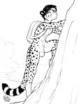  2021 animal_genitalia anthro backpack black_and_white casual_nudity cheetah climbing detailed_background digital_media_(artwork) digitigrade felid feline fully_sheathed genitals male mammal markings monochrome mountain nude penis pinup pose rick_griffin sheath signature smile solo spots spotted_markings 