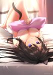  1girl absurdres animal_ears bed black_hair breasts cat_ears cat_girl cat_tail cleavage highres holding holding_pillow legs legs_up long_hair looking_up lying nikku(user_grkf3753) on_back on_bed original pillow purple_eyes tail tail_around_leg tail_wrap 