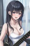  1girl absurdres armpits bangs bare_shoulders black_hair blush breasts cleavage curtains guitar hair_ornament hairclip highres instrument long_hair looking_at_viewer medium_breasts multicolored_hair myowa open_mouth original shirt solo streaked_hair sweat unfinished white_shirt 