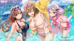  3girls absurdres anis_(nikke) anis_(sparkling_summer)_(nikke) bikini black_one-piece_swimsuit chinese_commentary commentary_request competition_swimsuit counters_(nikke) eyepatch_bikini goddess_of_victory:_nikke highleg highleg_one-piece_swimsuit highres jacket multiple_girls neon_(blue_ocean)_(nikke) neon_(nikke) official_art one-piece_swimsuit pink-tinted_eyewear rapi_(classic_vacation)_(nikke) rapi_(nikke) sunglasses swimsuit tinted_eyewear two-tone_swimsuit white_bikini yellow_jacket 