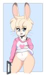 absurd_res anthro belly blonde_hair blue_eyes blush bottomless buckteeth choker clothed clothing clothing_lift collarbone dipstick_ears ear_markings female fur genitals hair hi_res jewelry lagomorph leporid looking_at_viewer mammal multicolored_body multicolored_ears multicolored_fur necklace nintendo nintendo_3ds nintendo_ds_family orange_body orange_fur plump_labia rabbit shirt shirt_lift simple_background smile smiling_at_viewer solo teeth topwear two_tone_body two_tone_fur vulva whiskers white_body white_fur yngwie_(zelripheth) zelripheth