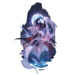  1girl arm_up bangs bikini dark_blue_hair from_behind full_moon granblue_fantasy grea_(shingeki_no_bahamut) hand_up horns looking_at_viewer looking_back moon night official_art parted_lips pointy_ears red_eyes solo standing swimsuit tail transparent_background wading water wings 