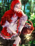  1boy absurdres androgynous black_hair blonde_hair blue_eyes cosplay crossdressing dress full_body highres hood hood_up hyuuga_masamune little_red_riding_hood_(grimm) little_red_riding_hood_(grimm)_(cosplay) looking_at_viewer male_focus multicolored_hair short_hair solo touken_ranbu zasikirou 