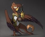  avian beak brown_body brown_feathers claws clothing fallout_equestria fan_character feathered_wings feathers female feral fingers gabriela_hawkins_(fallout_equestria) gryphon gun hasbro hi_res holding_object holding_weapon my_little_pony mythological_avian mythology ranged_weapon sinrar smile solo standing tail_tuft toe_claws tuft weapon wings yellow_beak yellow_eyes 
