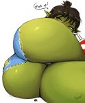  absurd_res big_butt bottomwear butt clothing cutoffs daisy_dukes denim denim_clothing dialogue female gav goblin green_body green_skin hi_res hotpants humanoid lying not_furry on_side shorts solo thick_thighs 