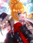  2boys absurdres black_hair blonde_hair blue_sky cloud cloudy_sky gloves green_eyes hat highres hyuuga_masamune long_sleeves looking_at_viewer male_focus multicolored_hair multiple_boys one_eye_closed open_mouth orange_hair short_hair sky smile teeth touken_ranbu urashima_kotetsu zasikirou 