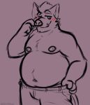 2022 absurd_res anthro belly big_belly blush bottomwear clothing hi_res humanoid_hands male mammal moobs navel nipples orbitpaws overweight overweight_male pants password_(visual_novel) roswell_(password) solo suid suina sus_(pig) video_games visual_novel wild_boar 