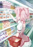  1girl arm_up basket bow dress facing_away gloves hair_bow highres kaname_madoka magical_girl mahou_shoujo_madoka_magica pink_bow pink_dress pink_hair shopping shopping_basket squaretires supermarket twintails 