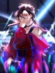  1boy absurdres choker ear_piercing glowstick highres hua_cheng idol idol_clothes looking_at_viewer male_focus microphone music open_mouth piercing shiyangtacit singing solo spotlight stage stage_lights tian_guan_ci_fu 