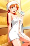  1girl bangs basket blush bottle breasts feet_out_of_frame green_eyes holding holding_bottle long_hair looking_at_viewer mana_(super_real_mahjong) medium_breasts milk_bottle naked_towel navel non-web_source open_mouth orange_hair short_hair solo super_real_mahjong towel towel_on_head wet 