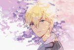  1boy 982466932 bishounen blonde_hair blue_eyes collared_shirt flower highres idolish_7 light_rays looking_at_viewer male_focus purple_flower rokuya_nagi shirt short_hair solo 