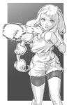  1girl boxing boxing_gloves boxing_shorts commentary_request fighting_stance gloves greyscale highres long_hair looking_at_viewer midriff monochrome navel open_mouth original punching rggr shorts sketch solo sportswear standing 