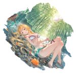  1girl bamboo bamboo_forest barefoot bikini blonde_hair blue_eyes breasts day flower forest granblue_fantasy hand_on_own_chest knees_up long_hair lying medium_breasts mirin_(granblue_fantasy) nature official_art on_back on_water outdoors parted_lips solo swimsuit umbrella water 