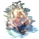  1boy abs aqua_eyes blonde_hair blue_choker choker granblue_fantasy hair_between_eyes hand_up long_hair looking_at_viewer male_focus naoise official_art open_clothes open_shirt pants parted_lips partially_submerged shirt sitting solo tree water wet wet_clothes white_shirt 