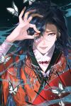  1boy absurdres bishounen braid bug butterfly butterfly_necklace chinese_clothes earrings eyepatch hair_over_one_eye hair_over_shoulder highres hua_cheng jewelry male_focus shiyangtacit smoke solo string string_of_fate tian_guan_ci_fu tongue tongue_out white_butterfly 